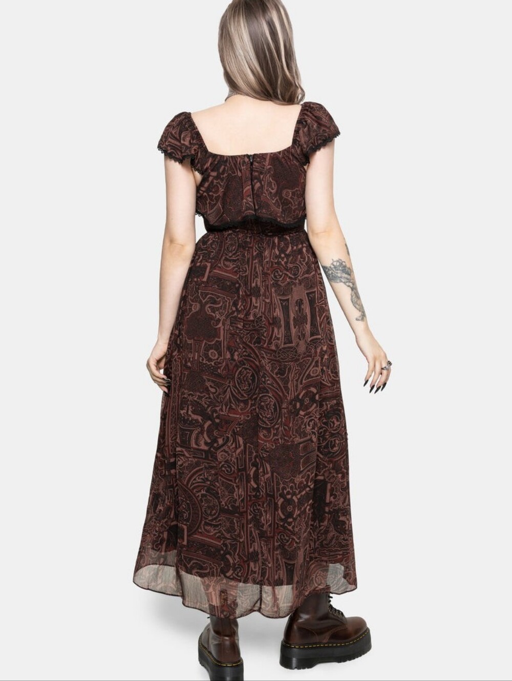 Disturbia Kells Frilly Sleeve Lace Trim Midaxi Dress - Picture 2 of 5